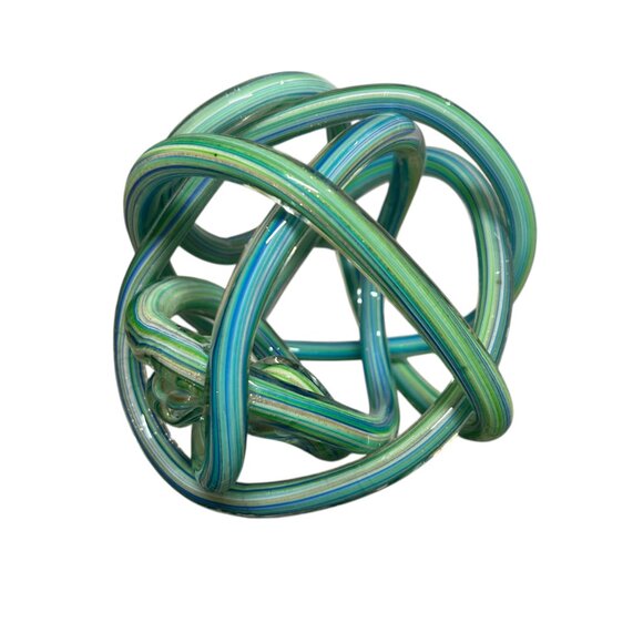 Beautiful Hand Blown Blue Green Turquoise Metallic Glass Endless Knot Sculpture - Picture 8 of 10